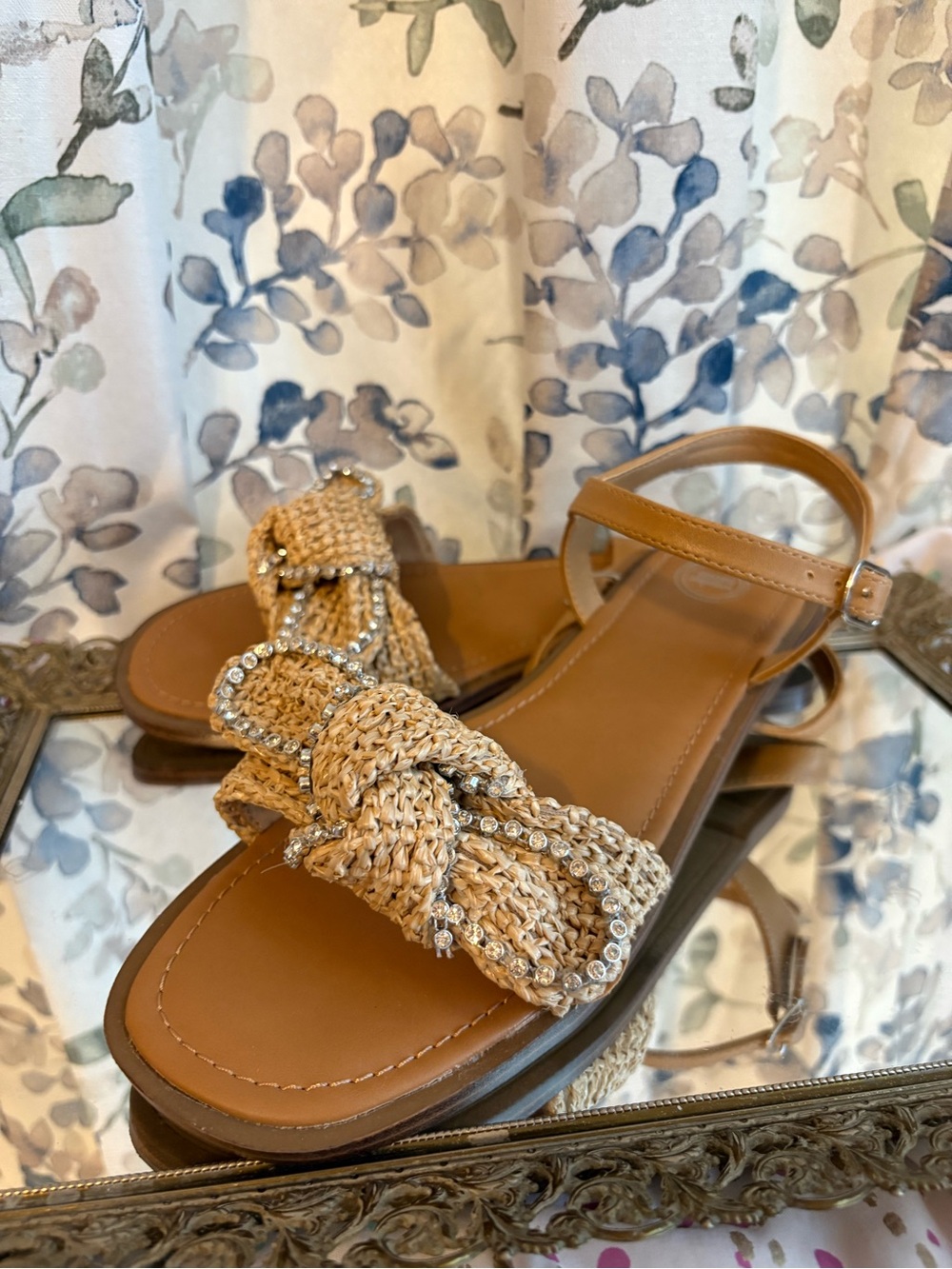 wonder nation Tan Braided Raffia Sandals with Rhinestone Trim